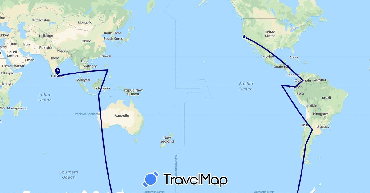 TravelMap itinerary: driving in Argentina, Colombia, Ecuador, Indonesia, Sri Lanka, Philippines, United States (Asia, North America, South America)